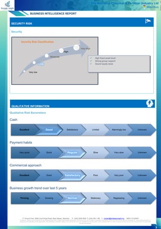 BUSINESS INTELLIGENCE REPORT
 Ground Floor, MAB Court Royal Road, Beau Bassin, Mauritius  (230) 5256 0935  (230) 455 1156  contact@strategicinsight.mu BRN C15129407
Disclaimer: Reports are submitted on the understanding that no legal responsibility whatsoever will be borne by the Provider of business information which are meant to be utilized exclusively for underwriting purposes or
analysing and evaluating credit application, thus assisting in decision making. Its contents are not to be revealed to any third party. Every possible effort is made to ensure its accuracy but the Provider does not guarantee
its total correctness.
1
3
The Mauritius Chemical & Fertilizer Industry Ltd
Mauritius
SECURITY RISK
Security
QUALITATIVE INFORMATION
Qualitative Risk Barometers
Cash
Payment habits
Commercial approach
Business growth trend over last 5 years
Very low
Low
Moderate
High
Very High
Excellent Good Satisfactory Limited Alarmingly low Unknown
Very quick Quick Regular Slow Very slow Unknown
Excellent Good Satisfactory Poor Very poor Unknown
Thriving Growing Normal Stationary Regressing Unknown
Security Risk Classification
✓ High fixed asset level
✓ Strong group support
✓ Sound equity base
 