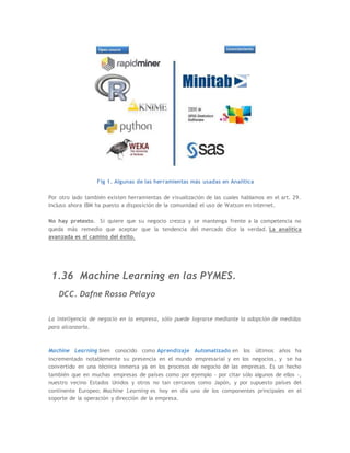 Fig 1. Algunas de las herramientas más usadas en Analítica
Por otro lado también existen herramientas de visualización de las cuales hablamos en el art. 29.
Incluso ahora IBM ha puesto a disposición de la comunidad el uso de Watson en internet.
No hay pretexto. Si quiere que su negocio crezca y se mantenga frente a la competencia no
queda más remedio que aceptar que la tendencia del mercado dice la verdad. La analítica
avanzada es el camino del éxito.
1.36 Machine Learning en las PYMES.
DCC. Dafne Rosso Pelayo
La inteligencia de negocio en la empresa, sólo puede lograrse mediante la adopción de medidas
para alcanzarla.
Machine Learning bien conocido como Aprendizaje Automatizado en los últimos años ha
incrementado notablemente su presencia en el mundo empresarial y en los negocios, y se ha
convertido en una técnica inmersa ya en los procesos de negocio de las empresas. Es un hecho
también que en muchas empresas de países como por ejemplo - por citar sólo algunos de ellos -,
nuestro vecino Estados Unidos y otros no tan cercanos como Japón, y por supuesto países del
continente Europeo; Machine Learning es hoy en día uno de los componentes principales en el
soporte de la operación y dirección de la empresa.
 