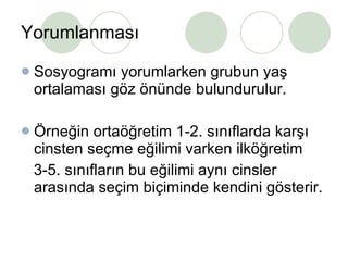 Yorumlanması Sosyogramı yorumlarken grubun yaş ortalaması göz önünde bulundurulur. Örneğin ortaöğretim 1-2. sınıflarda karşı cinsten seçme eğilimi varken ilköğretim  3-5. sınıfların bu eğilimi aynı cinsler arasında seçim biçiminde kendini gösterir. 
