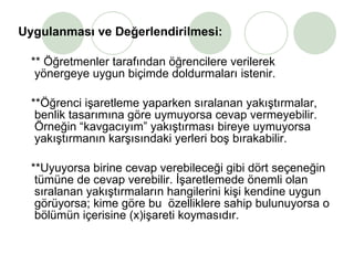 Uygulanması ve Değerlendirilmesi: ** Öğretmenler tarafından öğrencilere verilerek yönergeye uygun biçimde doldurmaları istenir. **Öğrenci işaretleme yaparken sıralanan yakıştırmalar, benlik tasarımına göre uymuyorsa cevap vermeyebilir. Örneğin “kavgacıyım” yakıştırması bireye uymuyorsa yakıştırmanın karşısındaki yerleri boş bırakabilir. **Uyuyorsa birine cevap verebileceği gibi dört seçeneğin tümüne de cevap verebilir. İşaretlemede önemli olan sıralanan yakıştırmaların hangilerini kişi kendine uygun görüyorsa; kime göre bu  özelliklere sahip bulunuyorsa o bölümün içerisine (x)işareti koymasıdır. 