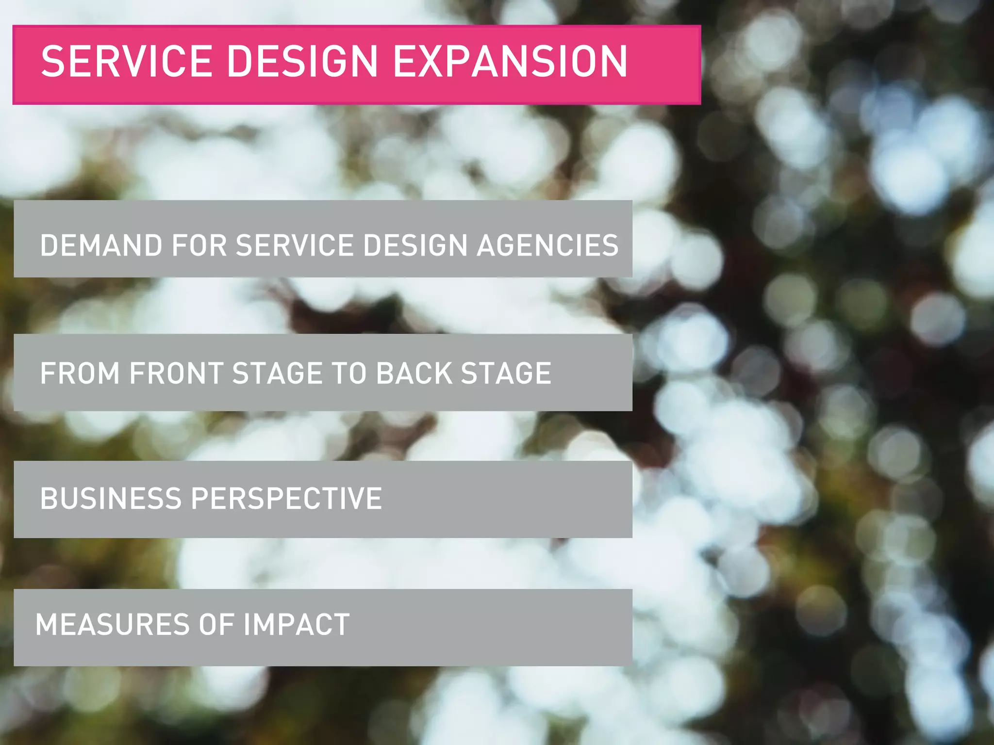 DEMAND FOR SERVICE DESIGN AGENCIES
FROM FRONT STAGE TO BACK STAGE
MEASURES OF IMPACT
SERVICE DESIGN EXPANSION
BUSINESS PERSPECTIVE
 