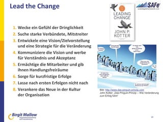 Lead the Change
10
1. Wecke ein Gefühl der Dringlichkeit
2. Suche starke Verbündete, Mitstreiter
3. Entwickele eine Vision/Zielvorstellung
und eine Strategie für die Veränderung
4. Kommuniziere die Vision und werbe
für Verständnis und Akzeptanz
5. Ermächtige die Mitarbeiter und gib
ihnen Handlungsfreiräume
6. Sorge für kurzfristige Erfolge
7. Lasse nach ersten Erfolgen nicht nach
8. Verankere das Neue in der Kultur
der Organisation
Bild: http://www.das-pinguin-prinzip.com
John Kotter: „Das Pinguin-Prinzip – Wie Veränderung
zum Erfolg führt“
 