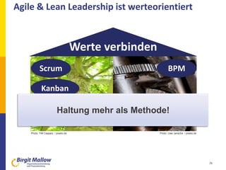 Agile & Lean Leadership ist werteorientiert
26
Photo: TiM Caspary / pixelio.de Photo: Uwe Jansche / pixelio.de
Werte verbinden
Scrum
Kanban
BPM
Haltung mehr als Methode!
 