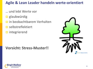 Agile & Lean Leader handeln werte-orientiert
… und lebt Werte vor
 glaubwürdig
 in beobachtbarem Verhalten
 selbstreflektiert
 integrierend
Vorsicht: Stress-Muster!!
28
 