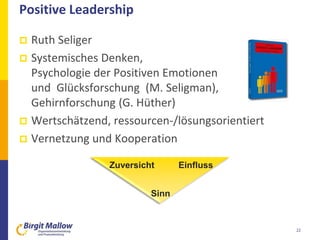 Positive Leadership
 Ruth Seliger
 Systemisches Denken,
Psychologie der Positiven Emotionen
und Glücksforschung (M. Seli...