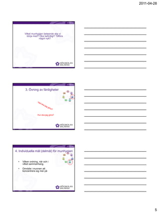2011-04-28




        Vilket munhygien beteende ska vi
          börja med? Öka befintligt? Tillföra
                    något nytt?




                                           Birgitta Jönsson




        3. Övning av färdigheter                                          1.
                                                                     Initiation
                                                                     Establish
                                                                          -                  2.
                                                    7.                 ment               Analysis
                                                 Relapse                                     of
                                                 preventio                                  oral
                                                     n                                    hygiene
                                                                                           habits


                                                 6.
                                                                                                  3.
                                             Generaliz
                                                                                               Practice
                                               ation
                                                                                                  of
                                                 of
                                                                                                manual
                                             behavior
                                                                                               dexterity
                                                 s                                     4.
                                                                                  Individual
                                                            5.                      goals
                                                         Monitorin                    for
                                                            g-                       oral
                                                          diary                    hygiene
                                                                                  behaviou
                                                                                       r




                    Hur ska jag göra?




                                           Birgitta Jönsson




4. Individuella mål (delmål) för munhygien                                1.
                                                                     Initiation
                                                                     Establish
                                                                          -                  2.
                                                    7.                 ment               Analysis
                                                 Relapse                                     of
                                                 preventio                                  oral
                                                     n                                    hygiene
                                                                                           habits


                                                 6.
                                                                                                  3.
                                             Generaliz
                                                                                               Practice
                                               ation
                                                                                                  of
                                                 of
                                                                                                manual
                                             behavior
                                                                                               dexterity
                                                 s                                     4.




  •
                                                                                  Individual



      Vilken ordning, när och i
                                                            5.                      goals
                                                         Monitorin                    for
                                                            g-                       oral
                                                          diary                    hygiene
                                                                                  behaviou


      vilket sammanhang.                                                               r




  •   Område i munnen att
      koncentrera sig mer på




                                           Birgitta Jönsson




                                                                                                                   5
 