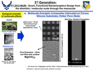 3rd Generation:
FY 2012 MURI : Smart, Functional Nanoenergetics Design from
the atomistic / molecular scale through the mesoscale
biological example
of multiscale effects
Rows of setae from
a toe (micron)
Spatulae (nm)
Gecko
Autumn, K., et al., Nature,
405, 681-684, 2000
Multiscale Energetic Composites Fabricated on Porous
Silicone Substrates (Yetter/ Penn State)
40 mm
Side View - Reaction Propagation
Pore Diameters ~ 20nm
and filled with oxidizer
Mg(ClO4)2
pillars were ~ 35 µm
tall and have 8 µm
square bases
separated by ~8 µm.
DirectionofPropagation,40mm
40nm
20mm
• V.K. Parimi, S.A. Tadigadapa, and R.A. Yetter, J. Micromechanics and Microengineering, 22, 5, 2012
Distribution A: Approved for public release; distribution is unlimited
 
