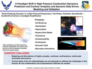•Great Challenge Example: In a High Pressure/Temperature, Two-Phase, Turbulent, Acoustically –
Excited Environment, investigate Amplification
A Paradigm Shift in High Pressure Combustion Dynamics
Prediction and Control: Analytics and Dynamic Data Driven
Modeling and Validation
•High amplitude and high frequency
acoustic instabilities can lead to local
burnout of the combustion chamber
walls and injector plates
Processes:
Jet Break-up
Atomization
Vaporization
Supercritical States
Turbulence
Compressibility
Combustion
Acoustic Field
Boundary Interactions
SCIENTIFIC CHALLENGE:
• Modeling and Simulations of highly complex, nonlinear, multi-physics, multi-scale
stochastic phenomena
• Current state of the art methodologies are not adequate to address the challenges in this
domain  new mathematics and computational methods are needed
Distribution A: Approved for public release; distribution is unlimited
 