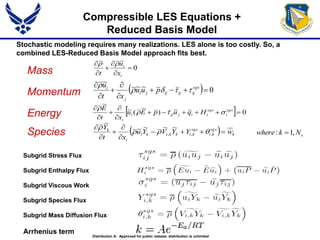 Compressible LES Equations +
Reduced Basis Model
Mass
Momentum
Energy
Species
0
~






i
i
x
u
t

  0~~
~





 sgs
ijijijji
j
i
puu
xt
u


  0~)
~
(~
~





 sgs
i
sgs
iijiji
i
HqupEu
xt
E


  k
sgs
ki
sgs
kikkiki
i
k
wYYVYu
xt
Y






,,,
~~~~
~


sNkwhere ,1: 
Subgrid Stress Flux
Subgrid Enthalpy Flux
Subgrid Viscous Work
Subgrid Species Flux
Subgrid Mass Diffusion Flux
Arrhenius term
Stochastic modeling requires many realizations. LES alone is too costly. So, a
combined LES-Reduced Basis Model approach fits best.
Distribution A: Approved for public release; distribution is unlimited
 