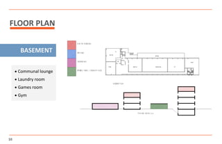 FLOOR PLAN
 Communal lounge
 Laundry room
 Games room
 Gym
10
BASEMENT
 