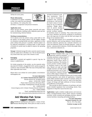 PRODUCT
 SHOWCASE
550 bar for screw joints.                                             all kinds of industrial work-
                                                                      shop machineries. There
Plastic deformation:                                                  is no need of foundation,
is unlimited in its plastic workability                               foundation bolt; grouting,
so that, even under the most demand-                                  anchoring etc. they provide
ing conditions, the sealing ﬁlm does                                  the fastest means of instal-
not break. cf. temperature and pressure resistance.                   lation for any all industrial
                                                                      machines. Height adjust-
Application areas:                                                    ment & precise leveling
Steam and gas turbines, power plants, gasworks and water-             features are provided. They
works, oil reﬁneries, smelting works, shipyards, paint and rub-       provide excellent mobility
ber manufacturing, chemical industry.                                 of machinery layout in workshop. They isolate both passive
                                                                      and active vibrations and prevent wandering of machineries
Working recommendations:                                              due to the large area of contact with the ﬂoor and unique cell
To be spread on the dry surfaces using a putty knife or rub-          design of our insulation sheets.
ber spatula. As the product doesn’t cure but slightly changes              Our pads ﬁnd extensive use in automobile and auto com-
its consistence staying ﬂexible and elastic, application on butt      ponents industries, earth moving industries ,Textile Industries,
joints without time pressure is possible. And the product can         electronic industries, generator sets , hydraulic industries, ma-
be subjected immediately to working loads! A small amount             chine tool industries, plastic & Printing industries , pump in-
of linseed oil varnish may be added to improve the spreading          dustries , pharmaceutical industries, Food & Beverages Indus-
properties.                                                           tries, construction industries etc.

Storage: Unlimited storage life when correctly stored. Its prop-
erties are stable and it is ﬂexible in use. The tin should be prop-                    Machine Mounts
erly closed when only a part of the contents is used.
                                                                      D     YNEMECH SERIES DML range of machine mounts are
                                                                            especially suited for mounting
                                                                      workshop machinery without being
Packaging:
BIRKOSIT is packed and supplied in special 1-kg tins. Its             anchored to the ground. The height
colour is reddish-brown.                                              adjustment feature allows precise
                                                                      leveling of machinery. The machine
For further properties of the product, see the materials safety       mounts provide excellent mobility
data sheet 91/155/EEC, changed 93/112/EC and the storage life         of machinery layout in the work-
certiﬁcate. State of October 2009. This issue of the product data     shop. Mounts are made with high
sheet supersedes back issues.                                         strength materials and high quality
                                                                      production processes; zero or mini-
Please refer to our website for current updates: www.birkosit-        mal maintenance required; lifelong
dichtungskitt.com                                                     service, Wide range of solutions for
                                         For more information         both anchored and free standing machines and of varied weight
                                                                      carrying capacities; suits almost all applications. Composite
                   A.I. Schulze Chemotechnische Fabrik e.K.
                                                                      nitrile rubber insulation plates resistant to moisture, almost all
                         Theodor-Körner-Str. 3a 02826 Görlitz
                                                                      kinds fuels, lubricating oils, acids etc. used in the shop ﬂoor;
                                  phone: +49 (0) 3581 750284
                                                                      Unique cell design and high coefﬁcient of friction facilitates
                   Project Sales Corporation 28 Founta Plaza,
                                                                      good adherence to the ground.
                 Suryabagh, Visakhapatnam 530 020, AP, India
                                                                           They provide for quick installation of machinery and safe-
                                          Tel.: +918912564393
                                                                      guards installed equipment from surroundings shocks. Rear-
 General Agency of A.I. Schulze Chemotechnische Fabrik e.K.           rangement of shop-ﬂoor layout becomes easy
                                         Fax: +918912590482
                          Email: satish@projectsalescorp.com          Applications: Light to medium weight presses, tool room ma-
               Web: www.projectsalescorporation.birkosit.com          chines, turning/machining centres, plastic injection moulding
                                                                      machines, textile, printing and packaging machines, pharma-
        Anti Vibration Pad- Screw                                     ceutical machines, measuring and testing machines.
                                                                                                             For more information
             support mounts                                                                            Dynemech Systems Pvt. Ltd.

D    YNEMECH manufactures and exports a variety of Anti-
     vibration Mounting Pads. These pads are ready to use for
                                                                                                          Flat no. 101, Priya Aptts.,
                                                                                                            Continue on page no.244

242 | ENGINEERING REVIEW | SEPTEMBER 2010                                                                            www.engrreview.com
 