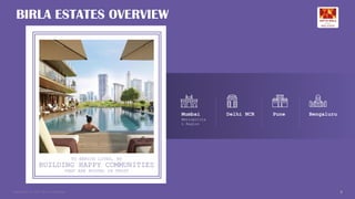 Copyright © 2025 Birla Estates 6
Mumbai
Metropolita
n Region
Delhi NCR Pune Bengaluru
BIRLA ESTATES OVERVIEW
BUILDING HAPPY COMMUNITIES
TO ENRICH LIVES, BY
THAT ARE ROOTED IN TRUST
 