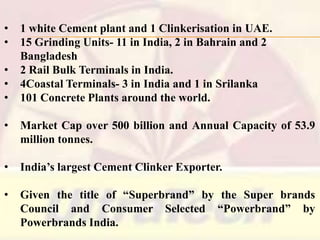•
•
•
•
•

1 white Cement plant and 1 Clinkerisation in UAE.
15 Grinding Units- 11 in India, 2 in Bahrain and 2
Bangladesh
2 Rail Bulk Terminals in India.
4Coastal Terminals- 3 in India and 1 in Srilanka
101 Concrete Plants around the world.

•

Market Cap over 500 billion and Annual Capacity of 53.9
million tonnes.

•

India’s largest Cement Clinker Exporter.

•

Given the title of ―Superbrand‖ by the Super brands
Council and Consumer Selected ―Powerbrand‖ by
Powerbrands India.

 