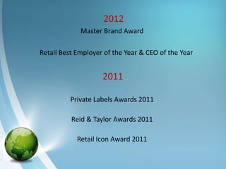 2012
             Master Brand Award

Retail Best Employer of the Year & CEO of the Year


                    2011

          Private Labels Awards 2011

          Reid & Taylor Awards 2011

            Retail Icon Award 2011
 