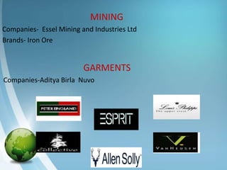 MINING
Companies- Essel Mining and Industries Ltd
Brands- Iron Ore


                         GARMENTS
Companies-Aditya Birla Nuvo
 