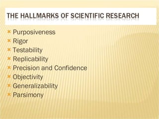 Purposiveness  Rigor  Testability  Replicability  Precision and Confidence  Objectivity  Generalizability  Parsimony  