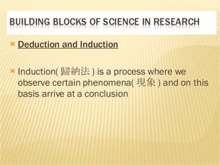Deduction and Induction Induction( 歸納法 )  is a process where we observe certain phenomena( 現象 )  and on this basis arrive at a conclusion 