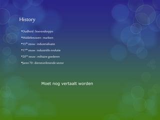 History
•Oudheid : boerendorpjes
•Middeleeuwen : markten
•15de eeuw : industrialisatie
•17de eeuw : industriële evolutie
•20ste eeuw : militaire goederen
•Jaren70: dienstverlenende sector
Moet nog vertaalt worden
 