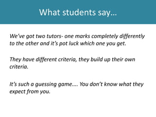 Theme 4: Confusion about goals and
standards
• Consistently low scores on the AEQ for clear
goals and standards
• Alienation from the tools, especially criteria
and guidelines
• Symptoms: perceptions of marker variation,
unfair standards and inconsistencies in practice
 