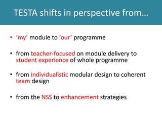 TESTA….
“…is a way of thinking
about assessment and
feedback”
Graham Gibbs
 