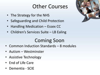 Standard 8 Health and safety in an adult social care settingLinks with Core SubscriptionCORE SUBSCRIPTIONCOMMON INDUCTION STANDARDSReablementRole of the health and social care workerWhole social care subscriptionPersonal developmentDignity and RespectCommunicate effectivelyDignity and Respect, EligibilityEquality and InclusionAdult SafeguardingPrinciples for implementing duty of careAdult SafeguardingPrinciples of safeguarding in health and social carePersonalisation, Support PlanningPerson-centred supportReablementHealth and safety in an adult social care setting
