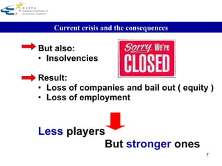 But also: Insolvencies Result: Loss of companies and bail out ( equity ) Loss of employment Less  players But  stronger  ones Current crisis and the consequences 
