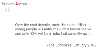 Over the next decade, more than one billion
young people will enter the global labour market
and only 40% will be in jobs that currently exist.
-The Economist January 2016
 