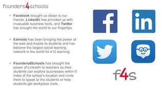• Facebook brought us closer to our
friends, LinkedIn has provided us with
invaluable business tools, and Twitter
has brought the world to our fingertips.
• Edmodo has been bringing the power of
the web and mobile to students and has
become the largest social learning
network in the world for k12 learning.
• Founders4Schools has brought the
power of LinkedIn to teachers so their
students can explore businesses within 5
miles of the school’s location and invite
them to speak to the students or help
students get workplace visits…
 