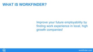 WHAT IS WORKFINDER?
workfinder.com
Improve your future employability by
finding work experience in local, high
growth companies!
 