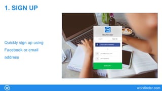1. SIGN UP
Quickly sign up using
Facebook or email
address
workfinder.com
 
