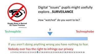 Digital “issues” pupils might usefully explore…SURVEILANCE How “watched” do you want to be? 
Technophile 
Technophobe 
If you aren’t doing anything wrong you have nothing to fear. 
Nobody ever has the right to infringe our privacy 
? 
1 2 3 4 5 6 7 8 9 10 11 12 13 14 15 16 17 18 19 20 21 22 23 24 25 26 27 28 29 30 31 32 33 34 35 36  