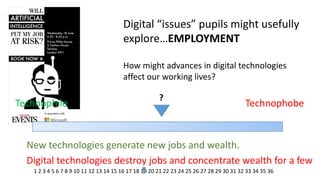 Digital “issues” pupils might usefully explore…EMPLOYMENT How might advances in digital technologies affect our working lives? 
Technophile 
Technophobe 
New technologies generate new jobs and wealth. 
Digital technologies destroy jobs and concentrate wealth for a few 
? 
1 2 3 4 5 6 7 8 9 10 11 12 13 14 15 16 17 18 19 20 21 22 23 24 25 26 27 28 29 30 31 32 33 34 35 36  