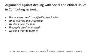 Arguments against dealing with social and ethical issues in Computing lessons….. 
•The teachers aren’t ‘qualified’ to teach ethics 
•Ethics is for RS and Citizenship 
•We don’t have the time 
•The pupils aren’t interested 
•We don’t want to teach it 
1 2 3 4 5 6 7 8 9 10 11 12 13 14 15 16 17 18 19 20 21 22 23 24 25 26 27 28 29 30 31 32 33 34 35 36  