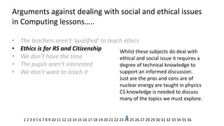 Arguments against dealing with social and ethical issues in Computing lessons….. 
•The teachers aren’t ‘qualified’ to teach ethics 
•Ethics is for RS and Citizenship 
•We don’t have the time 
•The pupils aren’t interested 
•We don’t want to teach it 
Whilst these subjects do deal with ethical and social issue it requires a degree of technical knowledge to support an informed discussion. Just are the pros and cons are of nuclear energy are taught in physics CS knowledge is needed to discuss many of the topics we must explore. 
1 2 3 4 5 6 7 8 9 10 11 12 13 14 15 16 17 18 19 20 21 22 23 24 25 26 27 28 29 30 31 32 33 34 35 36  