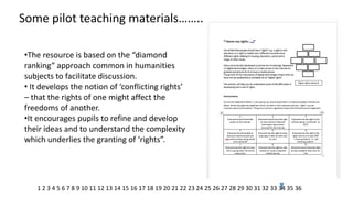 Some pilot teaching materials…….. 
•The resource is based on the “diamond ranking” approach common in humanities subjects to facilitate discussion. 
• It develops the notion of ‘conflicting rights’ – that the rights of one might affect the freedoms of another. 
•It encourages pupils to refine and develop their ideas and to understand the complexity which underlies the granting of ‘rights”. 
1 2 3 4 5 6 7 8 9 10 11 12 13 14 15 16 17 18 19 20 21 22 23 24 25 26 27 28 29 30 31 32 33 34 35 36  