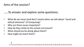 Aims of the session? ……To answer and explore some questions: 
•What do we mean (and don’t mean) when we talk about “social and ethical elements” of Computing? 
•Why are these issues important? 
•How do they relate to the school curriculum? 
•What should we be doing about them? 
•How might we teach them? 
1 2 3 4 5 6 7 8 9 10 11 12 13 14 15 16 17 18 19 20 21 22 23 24 25 26 27 28 29 30 31 32 33 34 35 36  