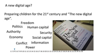 A new digital age? Preparing children for the 21st century and “The new digital age”. 
Politics 
Freedom 
Authority 
Economy 
Conflict 
Power 
Human capital 
Security 
Social capital 
Information 
1 2 3 4 5 6 7 8 9 10 11 12 13 14 15 16 17 18 19 20 21 22 23 24 25 26 27 28 29 30 31 32 33 34 35 36  