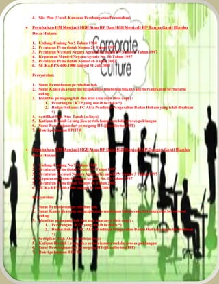 4. Site Plan (Untuk Kawasan Pembangunan Perumahan) 
 Perubahan HM Menjadi HGB Atau HP Dan HGB Menjadi HP Tanpa Ganti Blanko 
Dasar Hukum: 
1. Undang-Undang No 5 Tahun 1960 
2. Peraturan Pemerintah Nomor 24 Tahun 1997 
3. Peraturan Menteri Negara Agraria/Kepala BPN Nomor 3 Tahun 1997 
4. Keputusan Menteri Negara Agraria No. 16 Tahun 1997 
5. Peraturan Pemerintah Nomor 46 Tahun 2002 
6. SE Ka.BPN-600-1900 tanggal 31 Juli 2003 
Persyaratan: 
1. Surat Permohonan perubahan hak 
2. Surat Kuasa jika yang mengajukan permohonan bukan yang bersangkutan bermeterai 
cukup 
3. Identitas pemegang hak dan atau kuasanya (foto copy) : 
1. Perorangan : KTP yang masih berlaku *) 
2. Badan Hukum : FC Akta Pendirian Pengesahan Badan Hukum yang telah disahkan 
*) 
4. sertifikat Hak Atas Tanah (aslinya) 
5. Kutipan Risalah Lelang jika perlolehannya melalui proses pelelangan 
6. Surat Persetujuan dari pemegang HT (jika dibebani HT) 
7. Bukti pelunasan BPHTB 
 Perubahan HM Menjadi HGB Atau HP Dan HGB Menjadi HP Dengan Ganti Blanko 
Dasar Hukum: 
1. Undang-Undang No 5 Tahun 1960 
2. Peraturan Pemerintah Nomor 24 Tahun 1997 
3. Peraturan Menteri Negara Agraria/Kepala BPN Nomor 3 Tahun 1997 
4. Keputusan Menteri Negara Agraria No. 16 Tahun 1997 
5. Peraturan Pemerintah Nomor 46 Tahun 2002 
6. SE Ka.BPN-600-1900 tanggal 31 Juli 2003 
Persyaratan: 
1. Surat Permohonan perubahan hak 
2. Surat Kuasa jika yang mengajukan permohonan bukan yang bersangkutan bermeterai 
cukup 
3. Identitas pemegang hak dan atau kuasanya (foto copy) : 
1. Perorangan : KTP yang masih berlaku *) 
2. Badan Hukum : FC Akta Pendirian Pengesahan Badan Hukum yang telah disahkan 
*) 
4. Sertipikat Hak Atas Tanah (aslinya) 
5. Kutipan Risalah Lelang jika perlolehannya melalui proses pelelangan 
6. Surat Persetujuan dari pemegang HT (jika dibebani HT) 
7. Bukti pelunasan BPHTB 
 