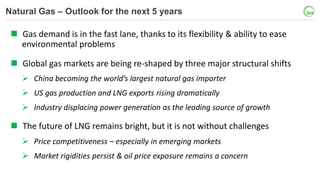 Natural Gas – Outlook for the next 5 years
 Gas demand is in the fast lane, thanks to its flexibility & ability to ease
environmental problems
 Global gas markets are being re-shaped by three major structural shifts
 China becoming the world’s largest natural gas importer
 US gas production and LNG exports rising dramatically
 Industry displacing power generation as the leading source of growth
 The future of LNG remains bright, but it is not without challenges
 Price competitiveness – especially in emerging markets
 Market rigidities persist & oil price exposure remains a concern
 
