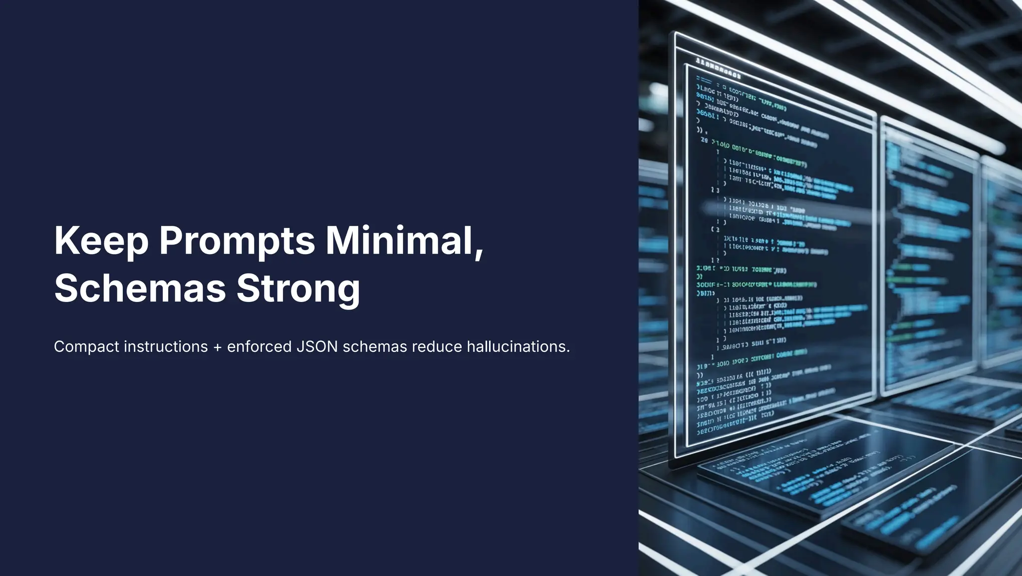 Keep Prompts Minimal,
Schemas Strong
Compact instructions + enforced JSON schemas reduce hallucinations.
 