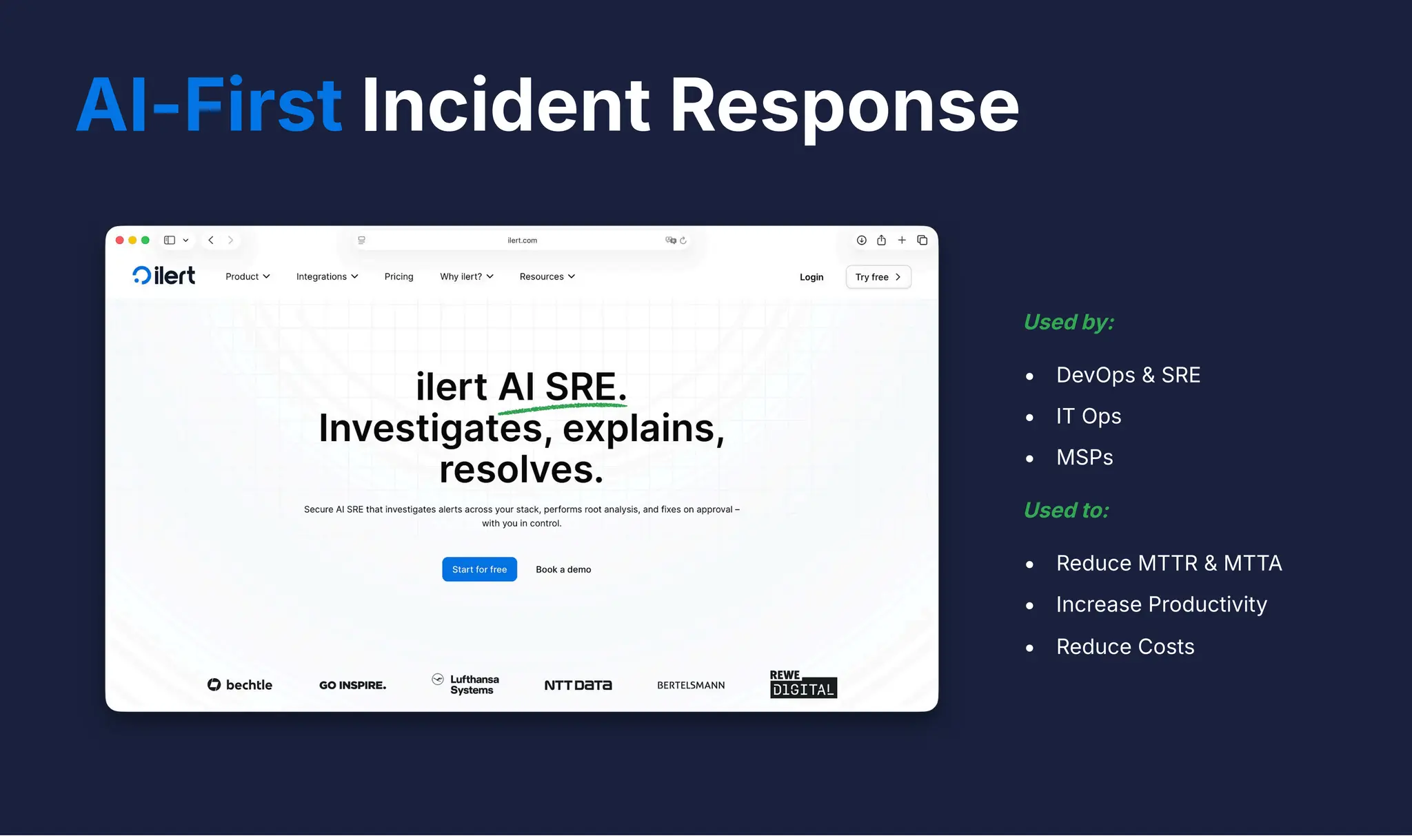 AI-First Incident Response
Used by:
DevOps & SRE
IT Ops
MSPs
Used to:
Reduce MTTR & MTTA
Increase Productivity
Reduce Costs
 