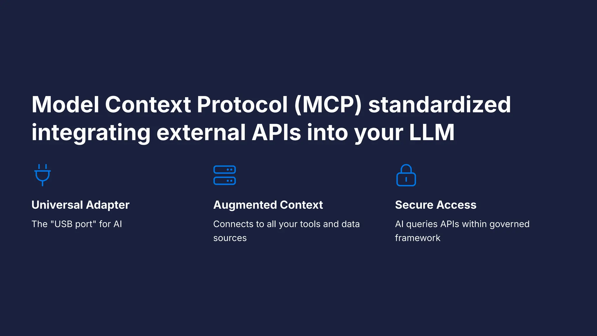 Model Context Protocol (MCP) standardized
integrating external APIs into your LLM
Universal Adapter
The "USB port" for AI
Augmented Context
Connects to all your tools and data
sources
Secure Access
AI queries APIs within governed
framework
 