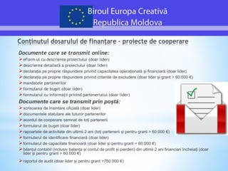 Documente care se transmit online:
eForm-ul cu descrierea proiectului (doar lider)
descrierea detaliată a proiectului (doar lider)
declarația pe proprie răspundere privind capacitatea operațională și financiară (doar lider)
declarația pe proprie răspundere privind criteriile de excludere (doar lider și grant > 60.000 €)
mandatele partenerilor
formularul de buget (doar lider)
formularul cu informații privind parteneriatul (doar lider)
Documente care se transmit prin poștă:
scrisoarea de înaintare oficială (doar lider)
documentele statutare ale tuturor partenerilor
acordul de cooperare semnat de toți partenerii
formularul de buget (doar lider)
rapoartele de activitate din ultimii 2 ani (toți partenerii și pentru grant > 60.000 €)
formularul de identificare financiară (doar lider)
formularul de capacitate financiară (doar lider și pentru grant > 60.000 €)
bilanțul contabil (inclusiv balanța și contul de profit și pierderi) din ultimii 2 ani financiari încheiați (doar
lider și pentru grant > 60.000 €)
raportul de audit (doar lider și pentru grant >750.000 €)
 
