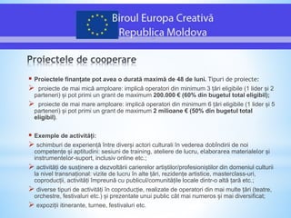  Proiectele finanțate pot avea o durată maximă de 48 de luni. Tipuri de proiecte:
 proiecte de mai mică amploare: implică operatori din minimum 3 țări eligibile (1 lider și 2
parteneri) și pot primi un grant de maximum 200.000 € (60% din bugetul total eligibil);
 proiecte de mai mare amploare: implică operatori din minimum 6 țări eligibile (1 lider și 5
parteneri) și pot primi un grant de maximum 2 milioane € (50% din bugetul total
eligibil).
 Exemple de activități:
 schimburi de experiență între diverși actori culturali în vederea dobîndirii de noi
competențe și aptitudini: sesiuni de training, ateliere de lucru, elaborarea materialelor și
instrumentelor-suport, inclusiv online etc.;
 activități de susținere a dezvoltării carierelor artiștilor/profesioniștilor din domeniul culturii
la nivel transnațional: vizite de lucru în alte țări, rezidențe artistice, masterclass-uri,
coproducții, activități împreună cu publicul/comunitățile locale dintr-o altă țară etc.;
 diverse tipuri de activități în coproducție, realizate de operatori din mai multe țări (teatre,
orchestre, festivaluri etc.) și prezentate unui public cât mai numeros și mai diversificat;
 expoziții itinerante, turnee, festivaluri etc.
 