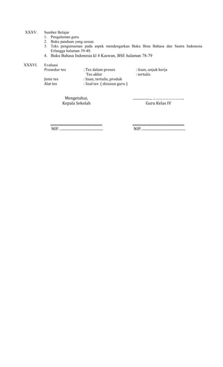 XXXV.

Sumber Belajar
1. Pengalaman guru.
2. Buku panduan yang sesuai.
3. Teks pengumuman pada aspek mendengarkan Buku Bina Bahasa dan Sastra Indonesia
Erlangga halaman 39-40.

4. Buku Bahasa Indonesia kl 4 Kaswan, BSE halaman 78-79
XXXVI.

Evaluasi
Prosedur tes
Jenis tes
Alat tes

: Tes dalam proses
Tes akhir
: lisan, tertulis, produk
: Soal tes ( disusun guru )

: lisan, unjuk kerja
: tertulis

Mengetahui,
Kepala Sekolah

...................., ………………………..
Guru Kelas IV

..........................................................
NIP. ................................................

..........................................................
NIP. ................................................

 