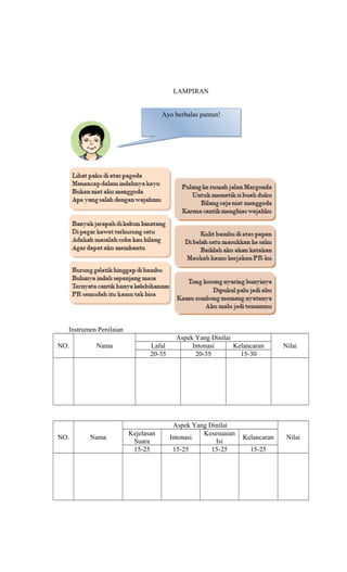 LAMPIRAN
Ayo berbalas pantun!

Instrumen Penilaian
NO.

NO.

Nama

Nama

Lafal
20-35

Kejelasan
Suara
15-25

Aspek Yang Dinilai
Intonasi
Kelancaran
20-35
15-30

Aspek Yang Dinilai
Kesesuaian
Intonasi
Isi
15-25
15-25

Kelancaran
15-25

Nilai

Nilai

 