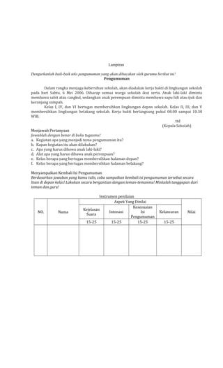 Lampiran
Dengarkanlah baik-baik teks pengumuman yang akan dibacakan oleh gurumu berikut ini!
Pengumuman
Dalam rangka menjaga kebersihan sekolah, akan diadakan kerja bakti di lingkungan sekolah
pada hari Sabtu, 6 Mei 2006. Diharap semua warga sekolah ikut serta. Anak laki-laki diminta
membawa sabit atau cangkul, sedangkan anak perempuan diminta membawa sapu lidi atau ijuk dan
keranjang sampah.
Kelas I, IV, dan VI bertugas membersihkan lingkungan depan sekolah. Kelas II, III, dan V
membersihkan lingkungan belakang sekolah. Kerja bakti berlangsung pukul 08.00 sampai 10.30
WIB.
ttd
(Kepala Sekolah)
Menjawab Pertanyaan
Jawablah dengan benar di buku tugasmu!
a. Kegiatan apa yang menjadi tema pengumuman itu?
b. Kapan kegiatan itu akan dilakukan?
c. Apa yang harus dibawa anak laki-laki?
d. Alat apa yang harus dibawa anak perempuan?
e. Kelas berapa yang bertugas membersihkan halaman depan?
f. Kelas berapa yang bertugas membersihkan halaman belakang?
Menyampaikan Kembali Isi Pengumuman
Berdasarkan jawaban yang kamu tulis, coba sampaikan kembali isi pengumuman tersebut secara
lisan di depan kelas! Lakukan secara bergantian dengan teman-temanmu! Mintalah tanggapan dari
teman dan guru!

NO.

Nama

Instrumen penilaian
Aspek Yang Dinilai
Kesesuaian
Kejelasan
Intonasi
Isi
Suara
Pengumuman
15-25
15-25
15-25

Kelancaran
15-25

Nilai

 