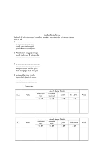 Lembar Kerja Siswa
Salinlah di buku tugasmu, kemudian lengkapi sampiran dan isi pantun-pantun
berikut ini!
1 . ………………………
………………………
Anak yang rajin sekali,
pasti akan menjadi juara.
2. Anak kenari hinggap di tugu,
gagak melayang di cakrawala.
……………………………….
……………………………….
3. ……………………………….
……………………………….
Yang menuruti nasihat guru,
pasti hidupnya akan bahagia.
4. Matahari bersinar cerah,
hujan rintik jatuh di taman.
……………………………
……………………………
1. Instrumen

NO.

NO.

Nama

Nama

Pemilihan
Kata
15-25

Aspek Yang Dinilai
Susunan
Ejaan
Kalimat
15-25
15-25

Isi Cerita

Pemilihan
Kata
15-25

Aspek Yang Dinilai
Susunan
Ejaan
Kata
15-25
15-25

Isi Pantun

Nilai

15-25

15-25

Nilai

 