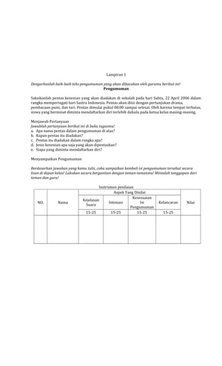 Lampiran 1
Dengarkanlah baik-baik teks pengumuman yang akan dibacakan oleh gurumu berikut ini!
Pengumuman
Saksikanlah pentas kesenian yang akan diadakan di sekolah pada hari Sabtu, 22 April 2006 dalam
rangka memperingati hari Sastra Indonesia. Pentas akan diisi dengan pertunjukan drama,
pembacaan puisi, dan tari. Pentas dimulai pukul 08.00 sampai selesai. Oleh karena tempat terbatas,
siswa yang berminat diminta mendaftarkan diri terlebih dahulu pada ketua kelas masing-masing.
Menjawab Pertanyaan
Jawablah pertanyaan berikut ini di buku tugasmu!
a. Apa nama pentas dalam pengumuman di atas?
b. Kapan pentas itu diadakan?
c. Pentas itu diadakan dalam rangka apa?
d. Jenis kesenian apa saja yang akan dipentaskan?
e. Siapa yang diminta mendaftarkan diri?
Menyampaikan Pengumuman
Berdasarkan jawaban yang kamu tulis, coba sampaikan kembali isi pengumuman tersebut secara
lisan di depan kelas! Lakukan secara bergantian dengan teman-temanmu! Mintalah tanggapan dari
teman dan guru!

NO.

Nama

Instrumen penilaian
Aspek Yang Dinilai
Kesesuaian
Kejelasan
Intonasi
Isi
Suara
Pengumuman
15-25
15-25
15-25

Kelancaran
15-25

Nilai

 