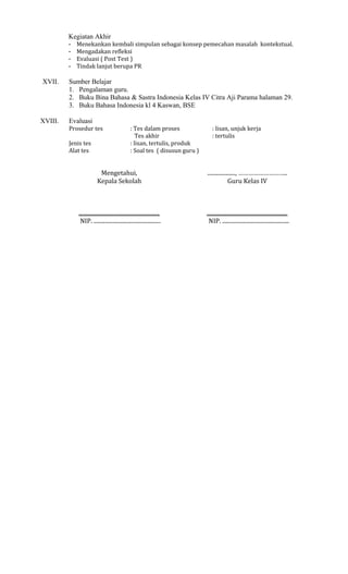 Kegiatan Akhir
-

XVII.

XVIII.

Menekankan kembali simpulan sebagai konsep pemecahan masalah kontekstual.
Mengadakan refleksi
Evaluasi ( Post Test )
Tindak lanjut berupa PR

Sumber Belajar
1. Pengalaman guru.
2. Buku Bina Bahasa & Sastra Indonesia Kelas IV Citra Aji Parama halaman 29.
3. Buku Bahasa Indonesia kl 4 Kaswan, BSE
Evaluasi
Prosedur tes
Jenis tes
Alat tes

: Tes dalam proses
Tes akhir
: lisan, tertulis, produk
: Soal tes ( disusun guru )

: lisan, unjuk kerja
: tertulis

Mengetahui,
Kepala Sekolah

...................., ………………………..
Guru Kelas IV

..........................................................
NIP. ................................................

..........................................................
NIP. ................................................

 